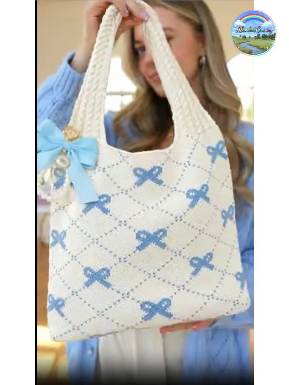 Crochet Tote Bag with Bow Keychain - Boho Hobo Shoulder Bag